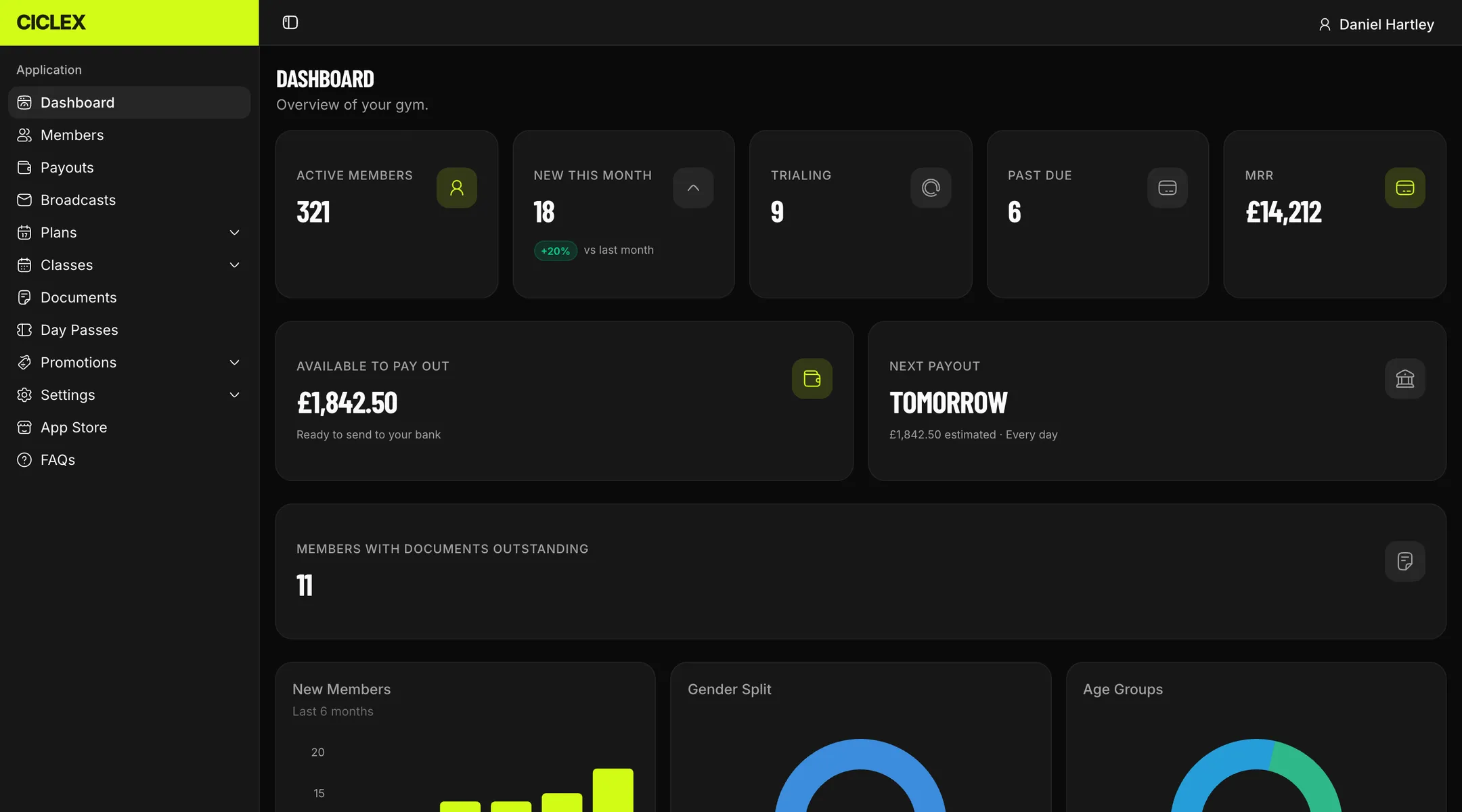 The Ciclex dashboard for a demo gym, showing active members, monthly recurring revenue and new members.