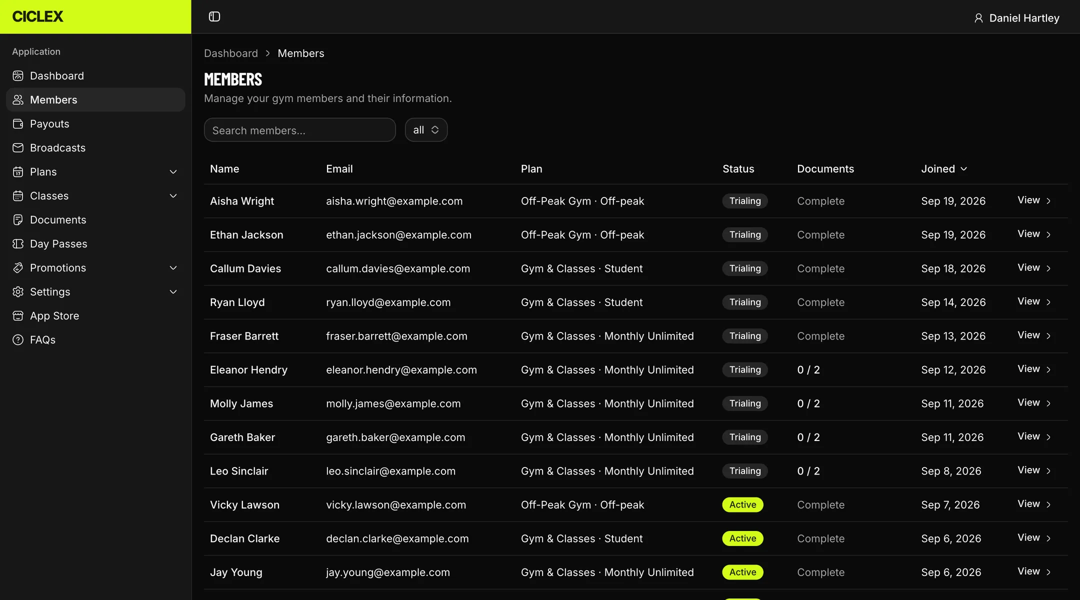The Ciclex members list for a demo gym, with each member’s plan and status.