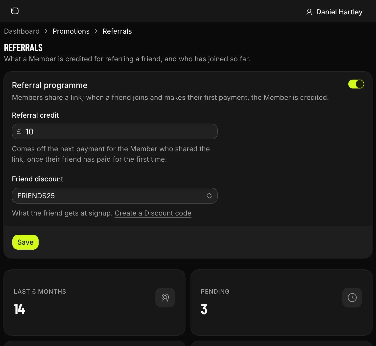 The Ciclex referral programme page for a demo gym: the programme switched on, a 10 pound referral credit, a 25 percent friend discount, and the referral count.